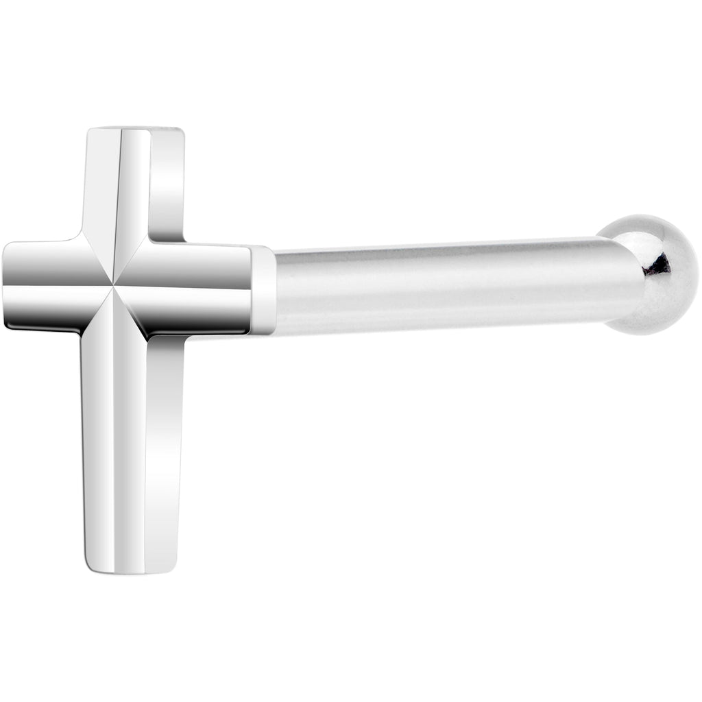 BodyCandy Solid 14K White Gold Raised Cross Nose Bone — detail close-up