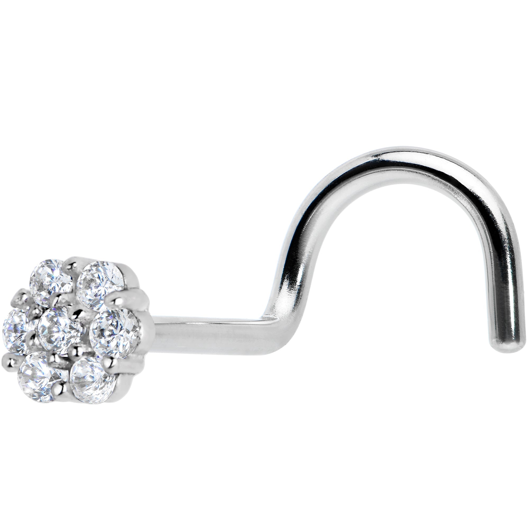 BodyCandy Solid 14K White Gold Clear CZ Flower Nose Screw Ring — detail close-up