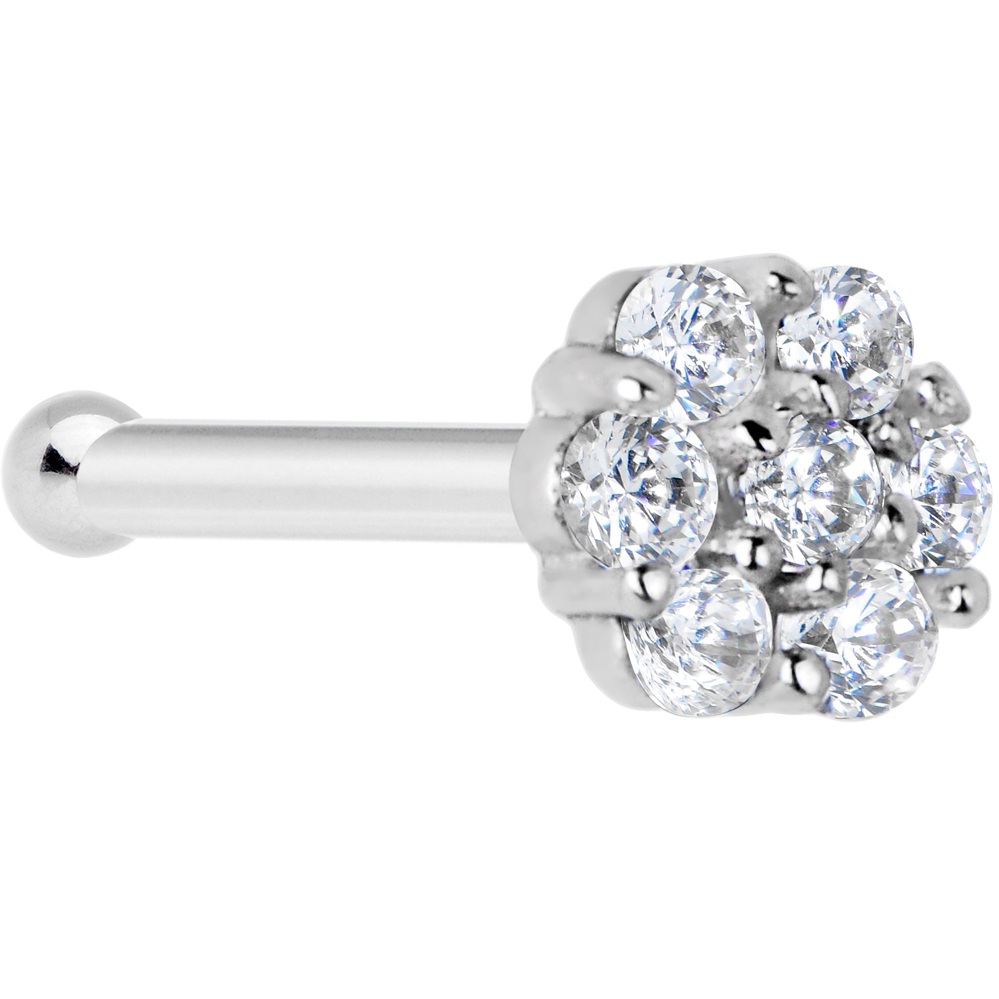 BodyCandy Solid 14K White Gold Clear CZ Flower Nose Bone — detail close-up