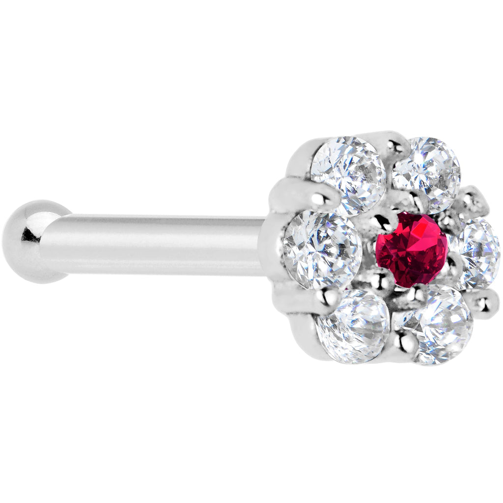 BodyCandy Solid 14K White Gold Red Clear CZ Flower Nose Bone — detail close-up