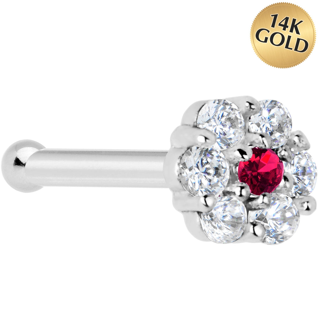 BodyCandy Solid 14K White Gold Red Clear CZ Flower Nose Bone — main product shot