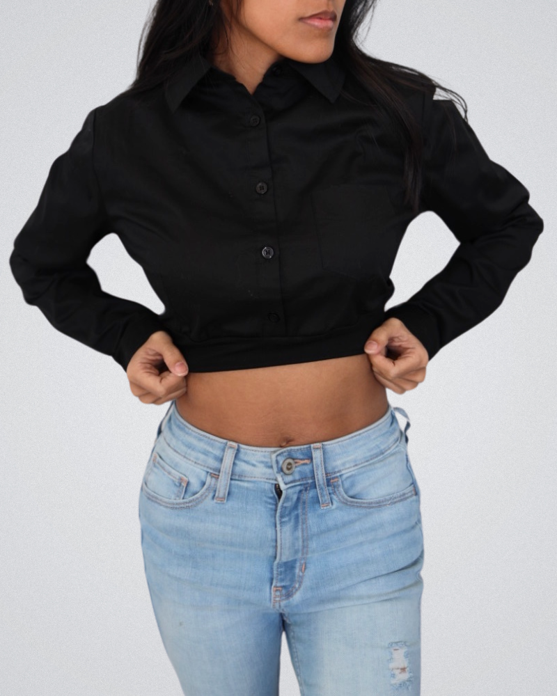 HALFTEE Layering Fashions Collared Button Down Halftee — HALFTEE Layering Fashions branding close-up