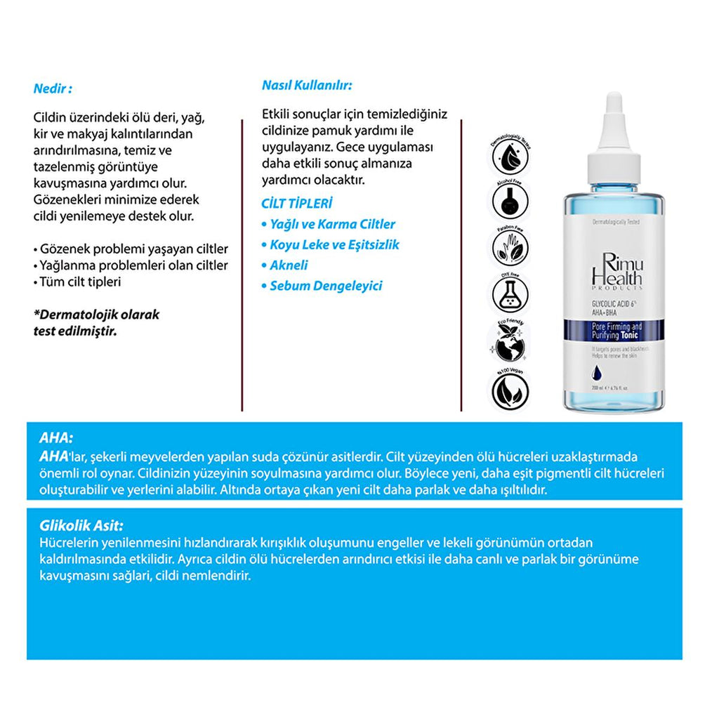 Rimu Health: Glycolic Acid AHA BHA Pore Tightening Toner - Exfoliating Facial Toner for Oily & Acne Prone Skin - Minimizing Enlarged Pores & Renewing Skin