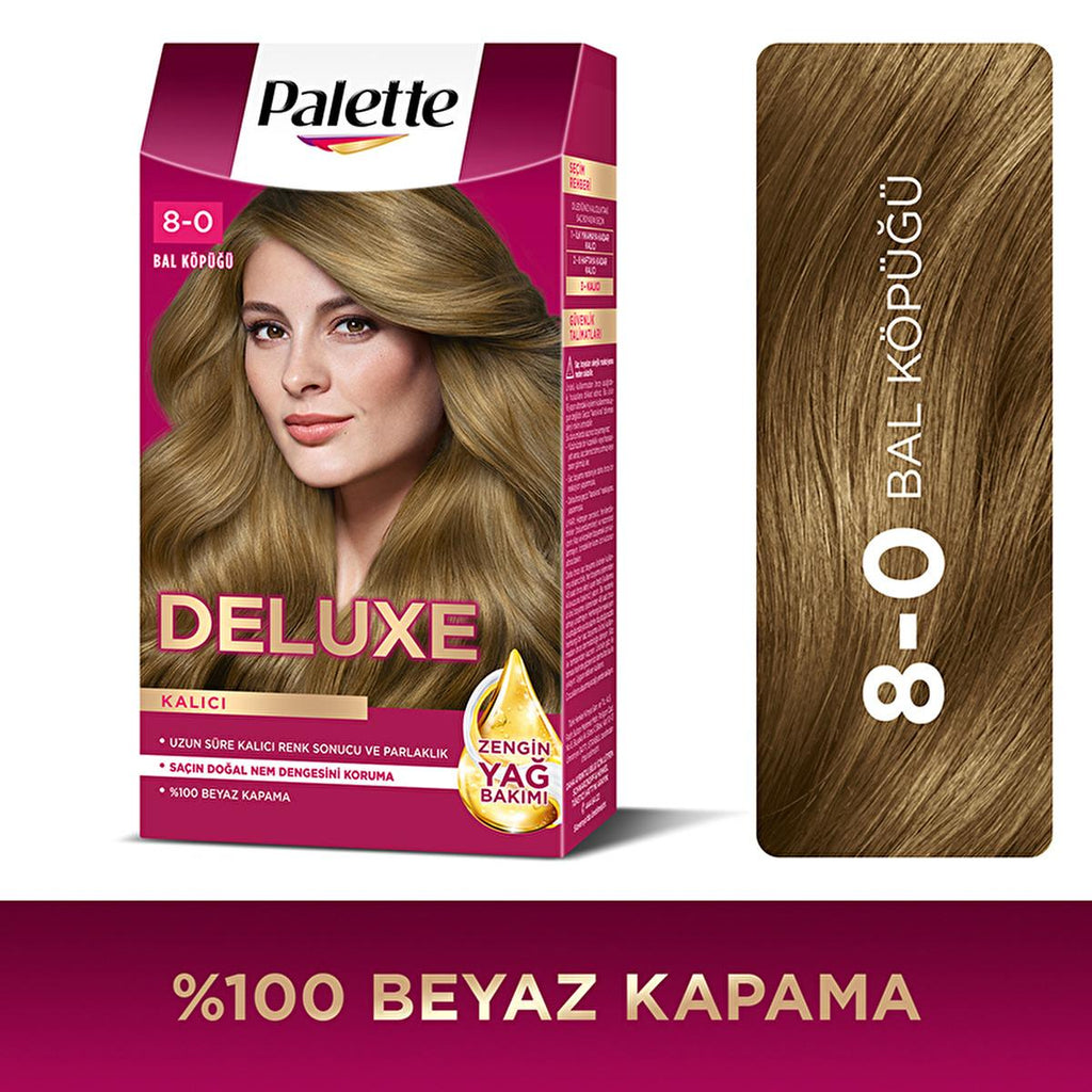 Palette Deluxe 8-0 Honey Blonde Hair Dye - Permanent, Long Lasting Color & Shine, Deep Nourishment with Oils