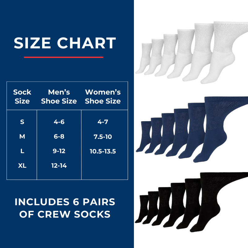 DSC Men's Cotton Diabetic Crew Socks (Assorted) — size reference