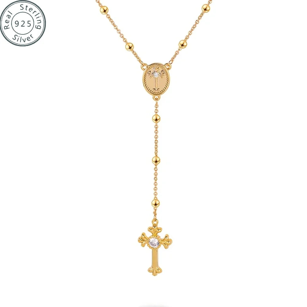MyClosetAid Italian 925 Sterling Silver or 18K Gold Plated Rosary Bead Cross Necklace Chain for Women men — back view