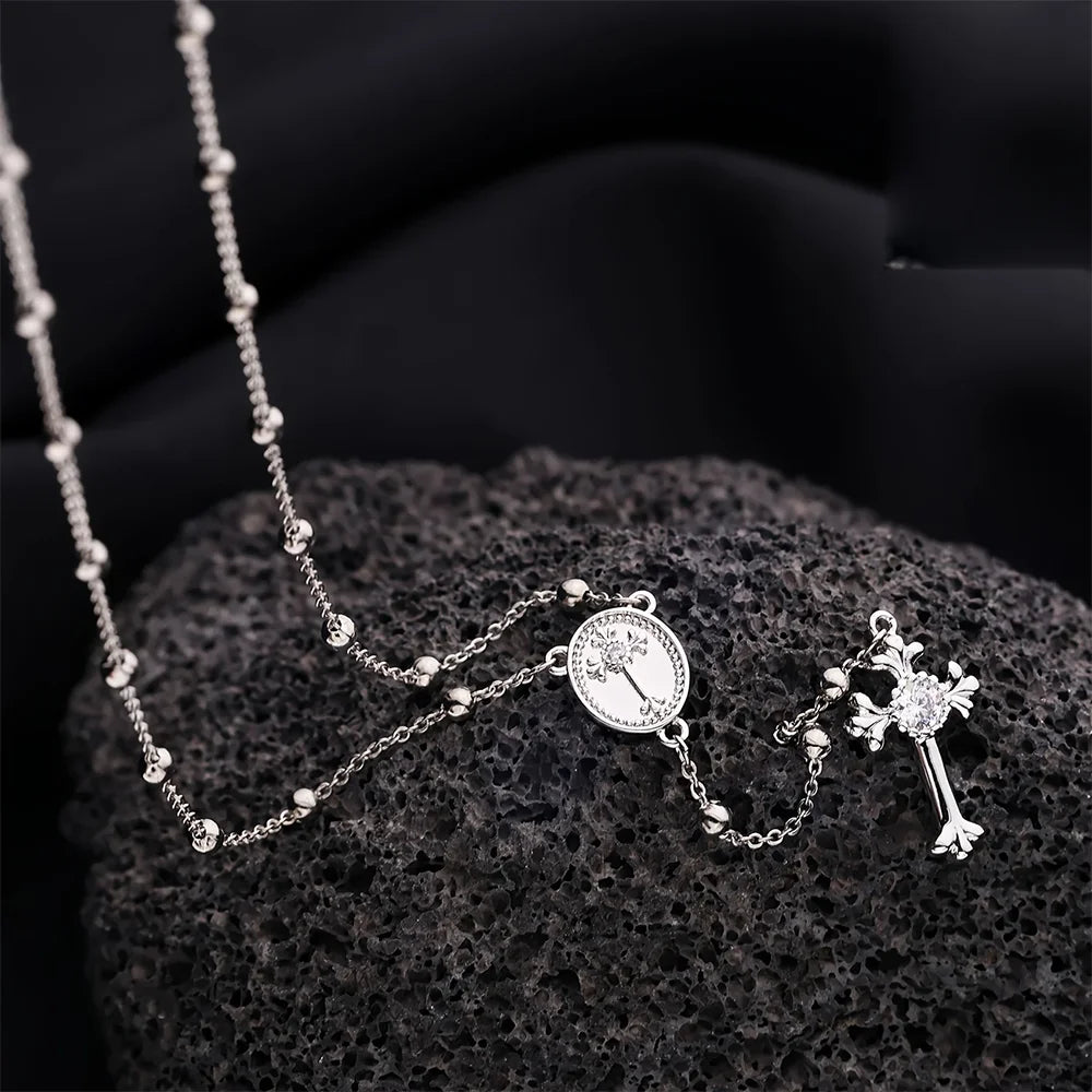 MyClosetAid Italian 925 Sterling Silver or 18K Gold Plated Rosary Bead Cross Necklace Chain for Women men — detail close-up