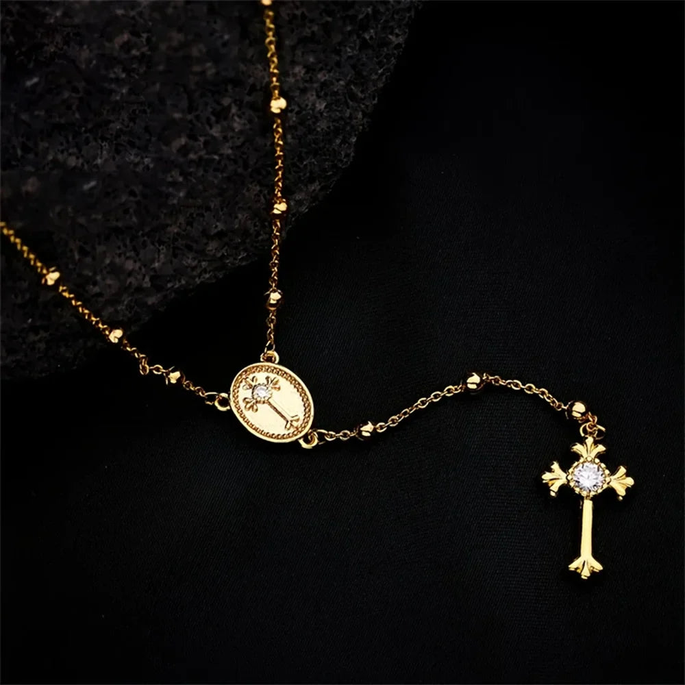 MyClosetAid Italian 925 Sterling Silver or 18K Gold Plated Rosary Bead Cross Necklace Chain for Women men — side view