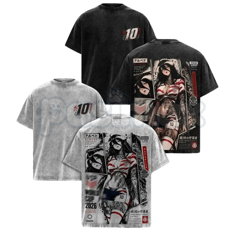 Albedo Overlord Anime T-Shirt – Retro Double Printed Guardian Graphic Tee, Vintage Washed Dark Fantasy Lightweight Cotton Unisex Manga Top