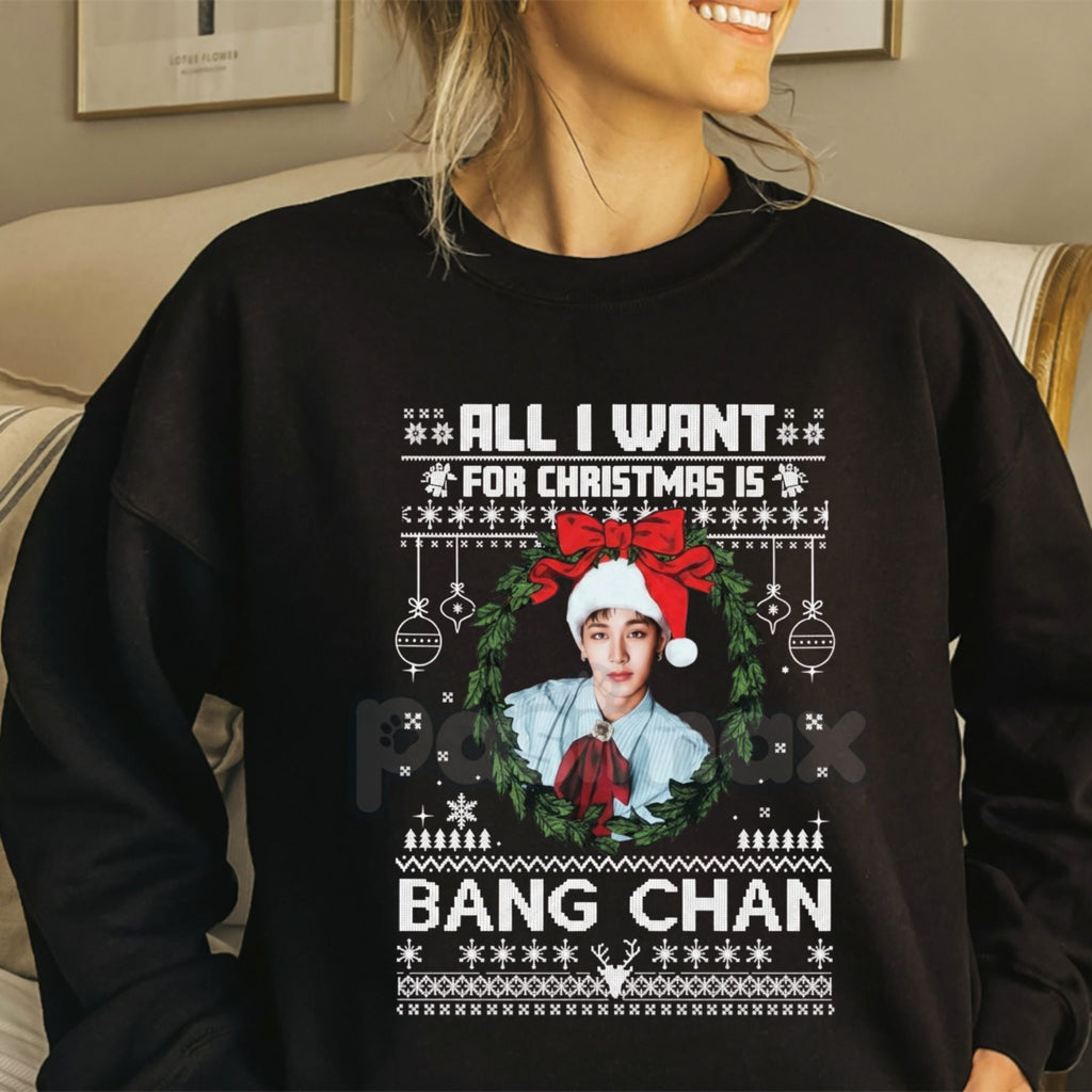 Pasimax All I Want For Christmas Is Bang Chan Sweatshirt | Funny K-Pop Holiday Crewneck | Stray Kids Fan Gift Jumper | SKZ Bi