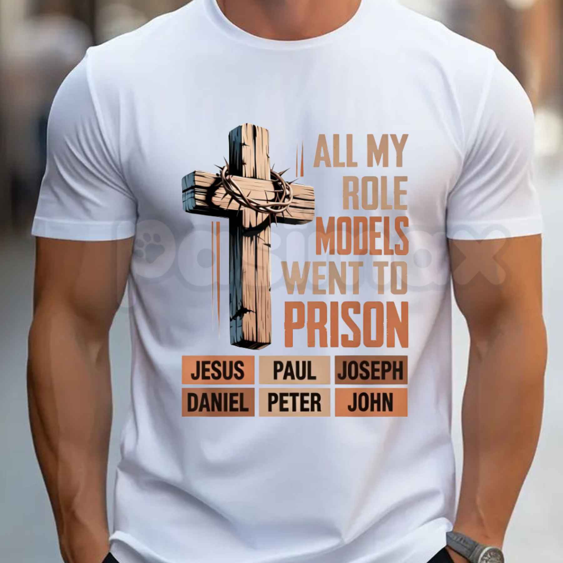 All My Role Models Went To Prison Bible Characters Cross Graphic T-Shirt – Funny Faithful Christian Satire Tee, Sarcastic Scripture Redemption Unisex Faith Shirt