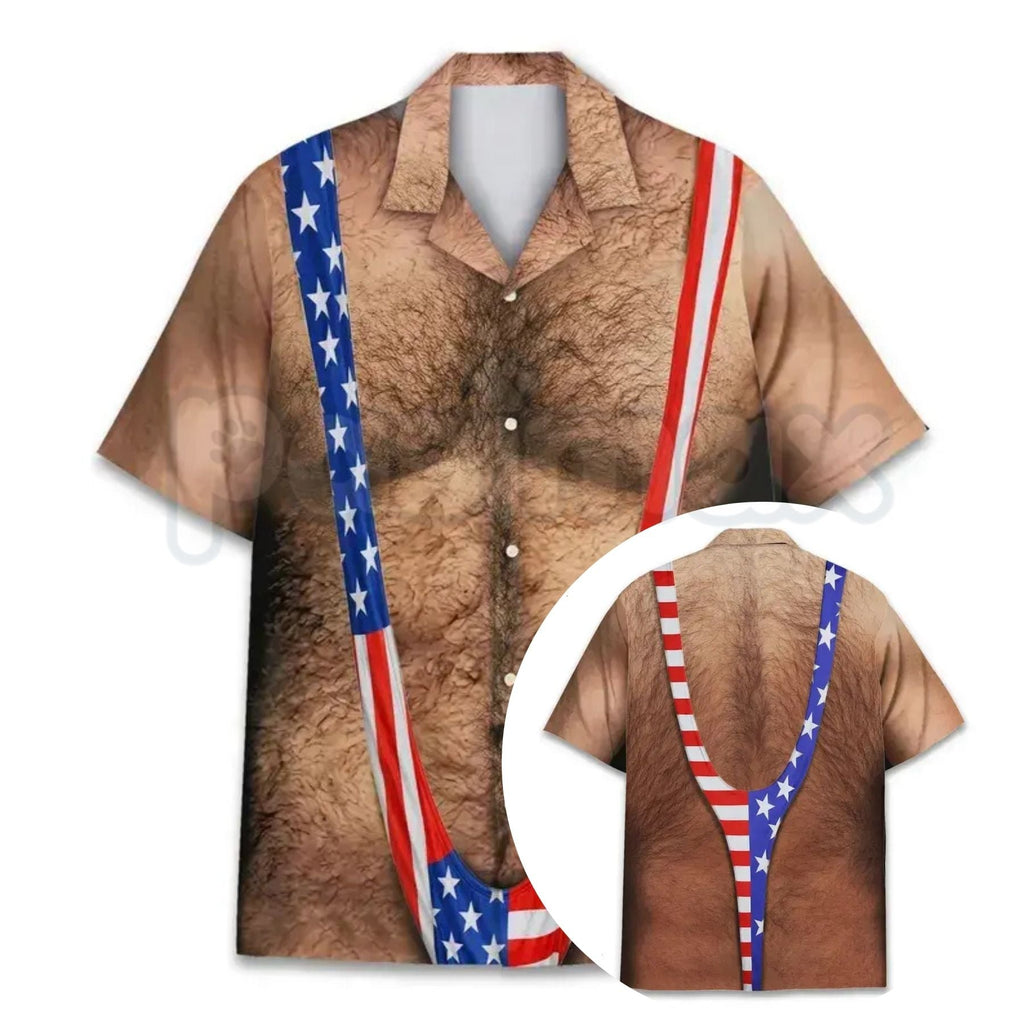 American Flag Funny Hawaiian Shirt – Patriotic Chest Hair Illusion Aloha Shirt for Men, 4th of July Button Up
