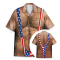 American Flag Funny Hawaiian Shirt – Patriotic Chest Hair Illusion Aloha Shirt for Men, 4th of July Button Up
