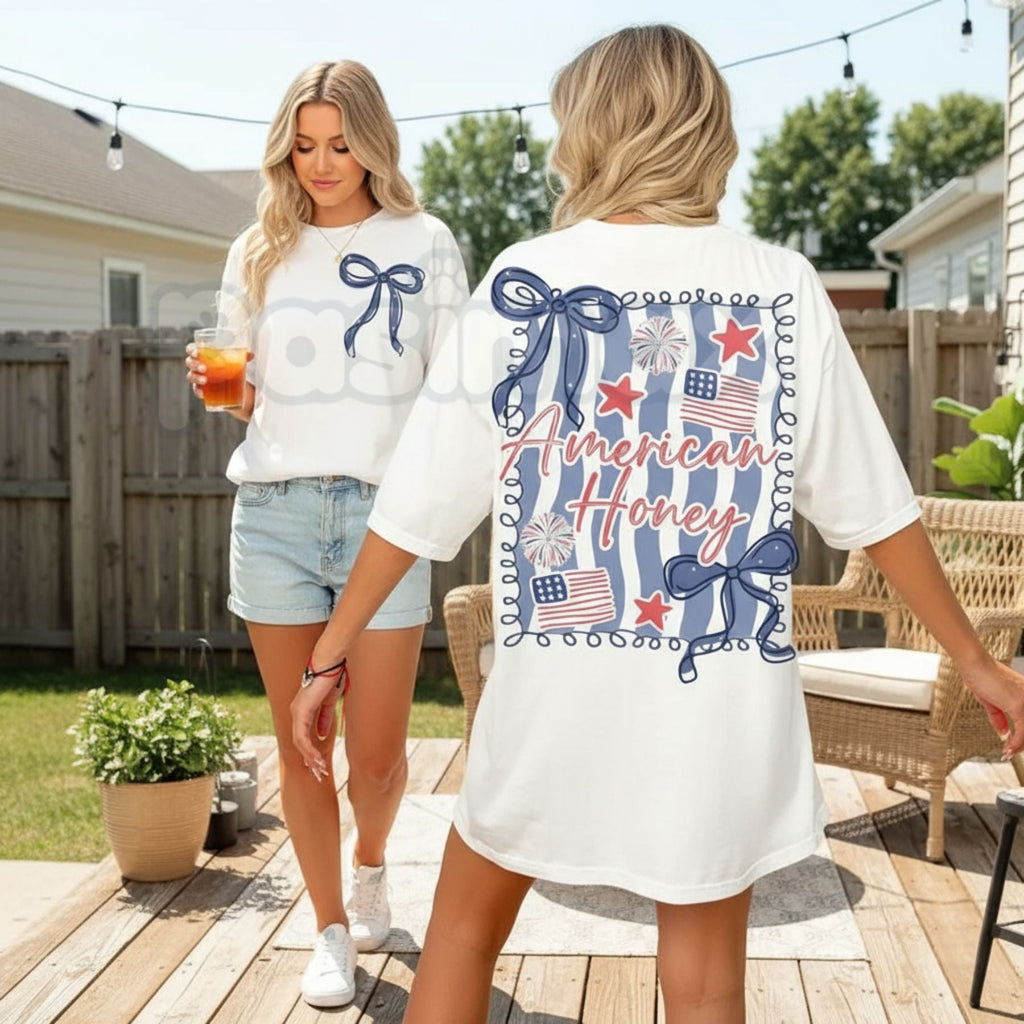 "American Honey" Coquette 4th Of July T-Shirt – Girly Vintage USA Graphic Tee, Premium 100% Cotton Independence Day Top, Soft Lived-In Heavyweight Retro Merica Shirt, Made in USA
