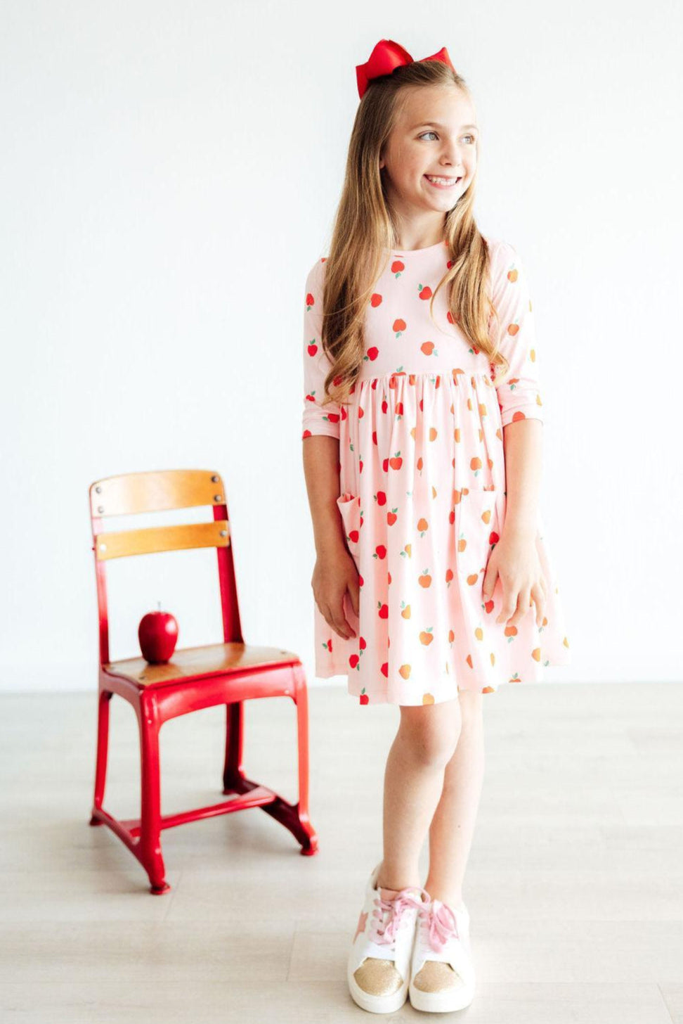 Mila & Rose ® An Apple a Day 3/4 Sleeve Pocket Twirl Dress — detail close-up