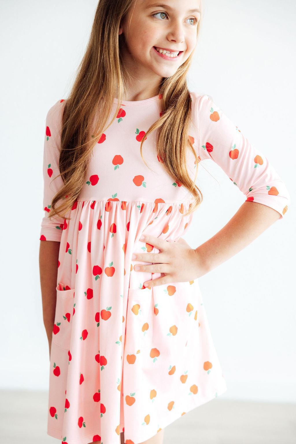 Mila & Rose ® An Apple a Day 3/4 Sleeve Pocket Twirl Dress — back view