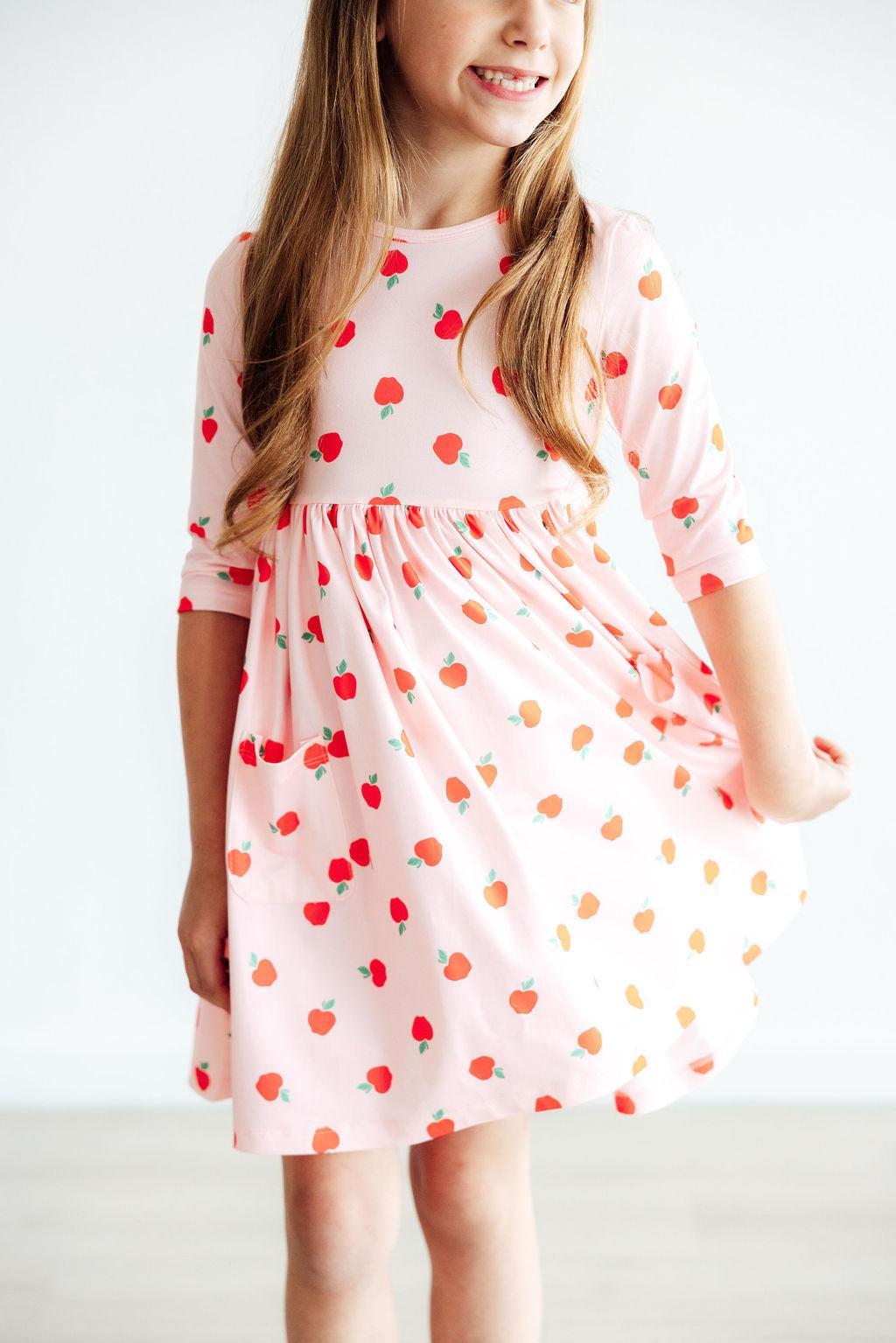 Mila & Rose ® An Apple a Day 3/4 Sleeve Pocket Twirl Dress — in-use photo