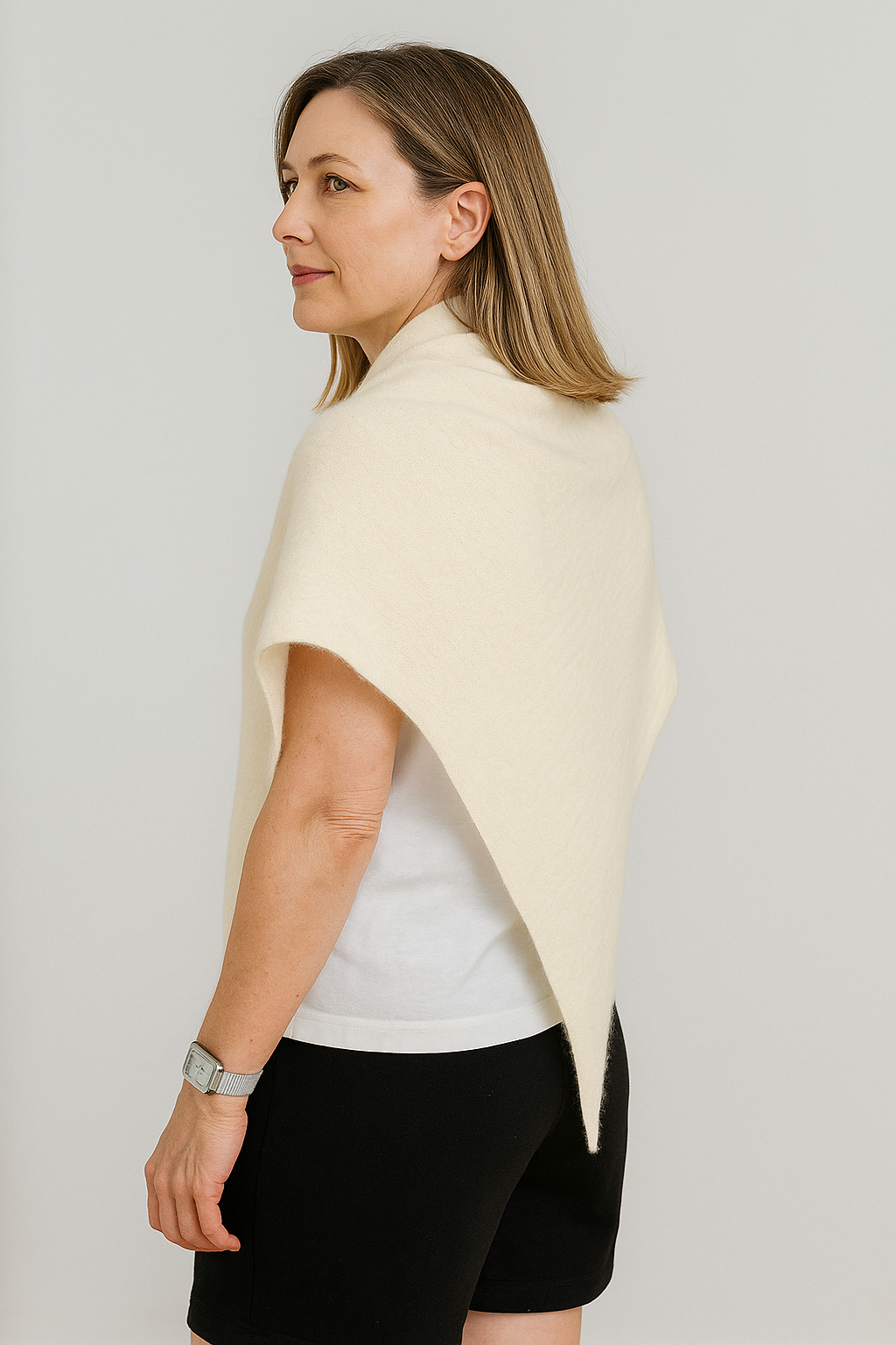 Silverlyne Angora and Wool | Triangle Knit Scarf (solid, beige) — lifestyle context