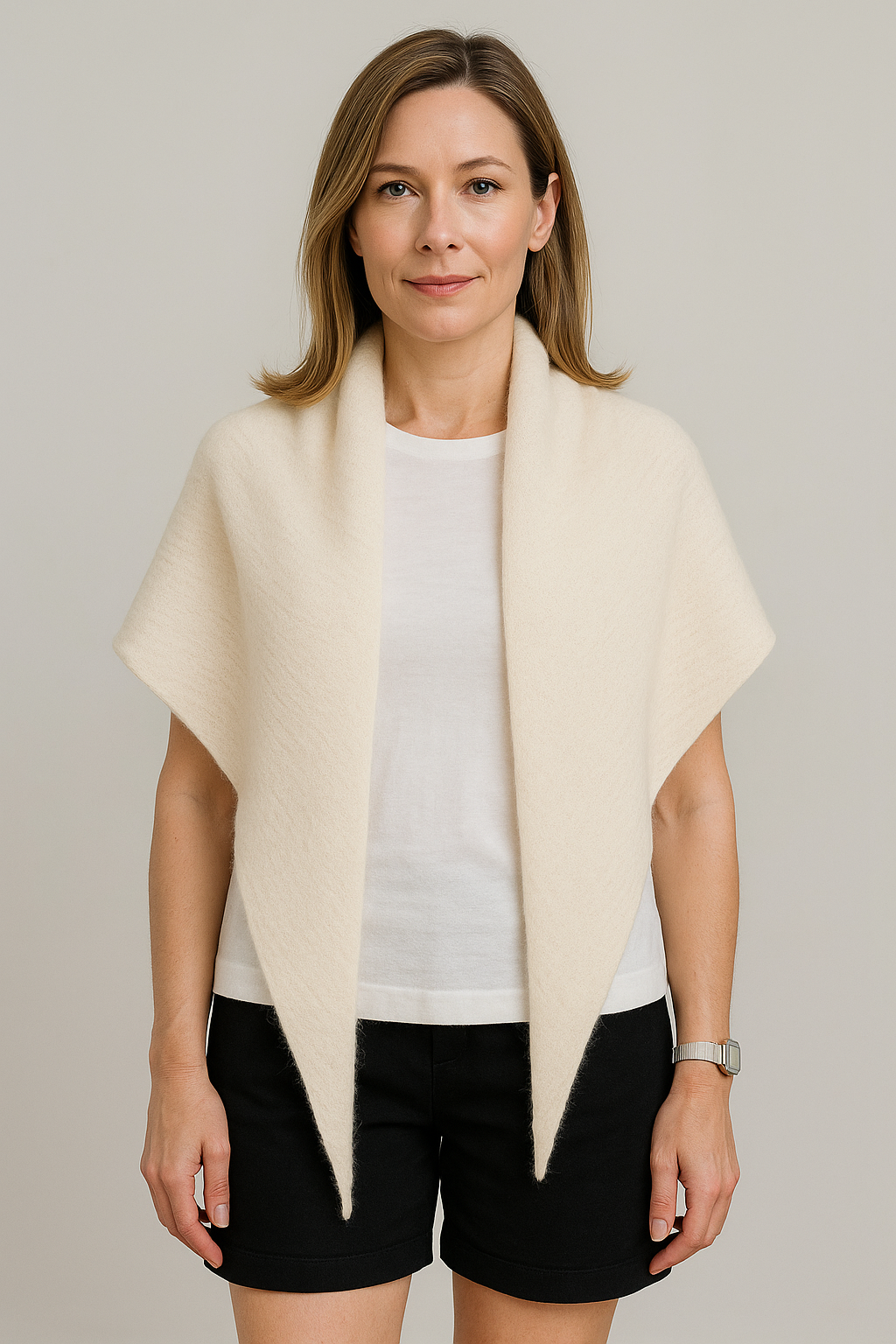 Silverlyne Angora and Wool | Triangle Knit Scarf (solid, beige) — detail close-up