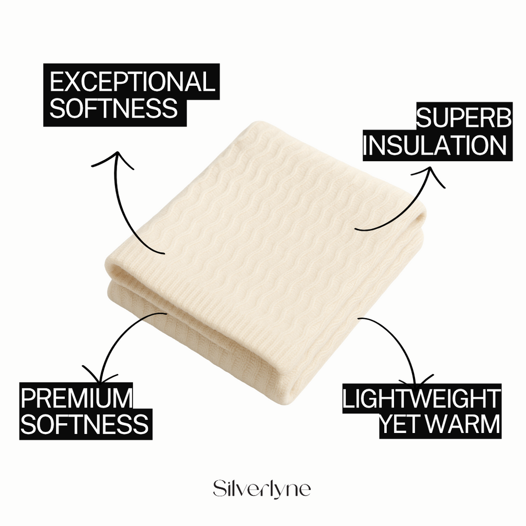 Silverlyne Angora and Wool | Ultra Soft Throw Blanket (solid, beige) — Silverlyne branding close-up
