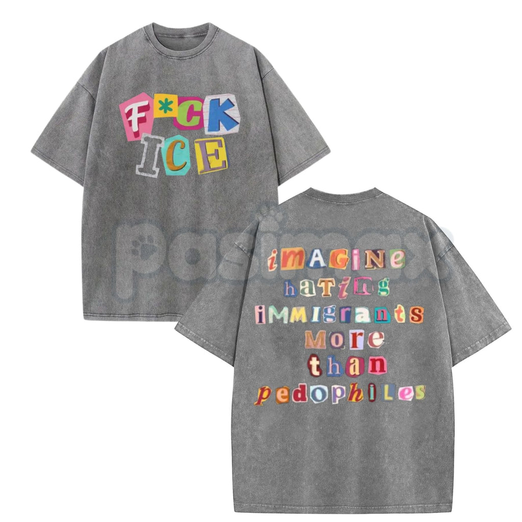 Anti ICE Magazine Letters Vintage Washed T-Shirt – Human Rights Activist Graphic Tee, Lightweight Retro Cotton Streetwear