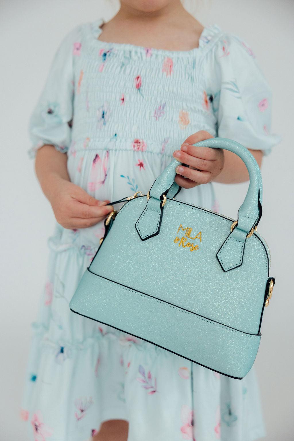 Mila & Rose ® Aqua Glitter Girl's Crossbody Purse — detail close-up