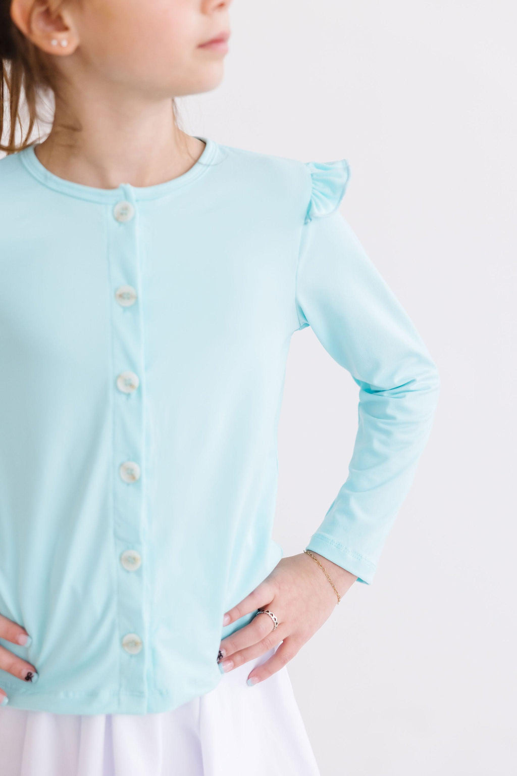 Mila & Rose ® Aqua Ruffle Cardigan — detail close-up