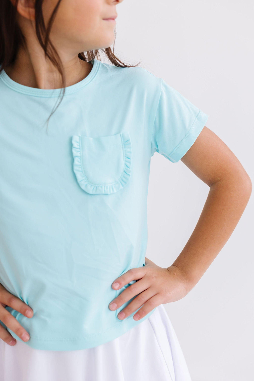 Mila & Rose ® Aqua Ruffle Pocket Tee — detail close-up