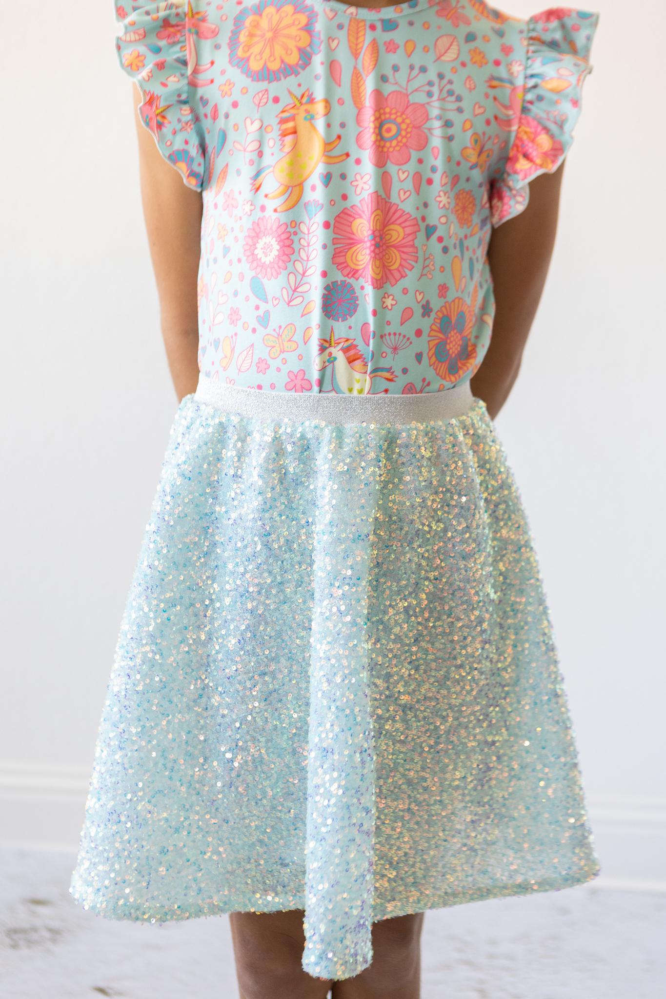 Mila & Rose ® Aqua Sequin Twirl Skort — detail close-up