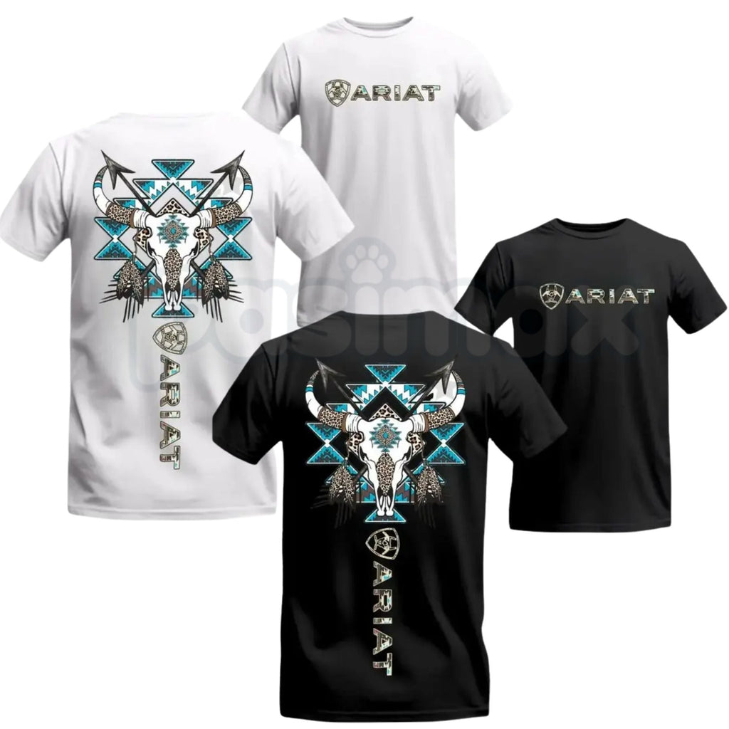 Ariat Tribal Skull T-Shirt – Western Bull Skull & Feathers Graphic, Premium 100% Cotton Blue Aztec Pattern Top, Soft Lived-In Heavyweight Southwestern Ranch Shirt, Made in USA