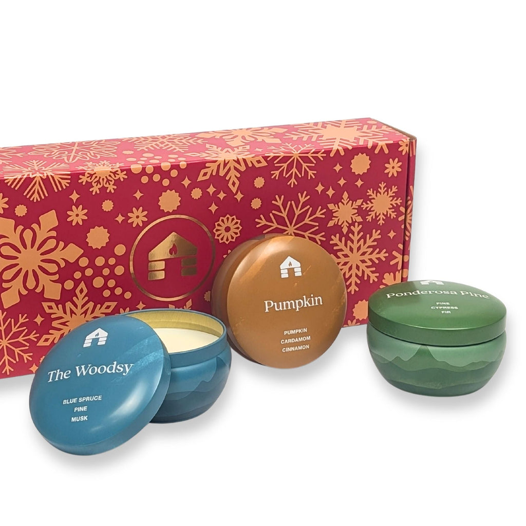 Scented Candle Gift Box - Three 8oz Aromática Candle Tins - Pumpkin, Pine & Woodsy