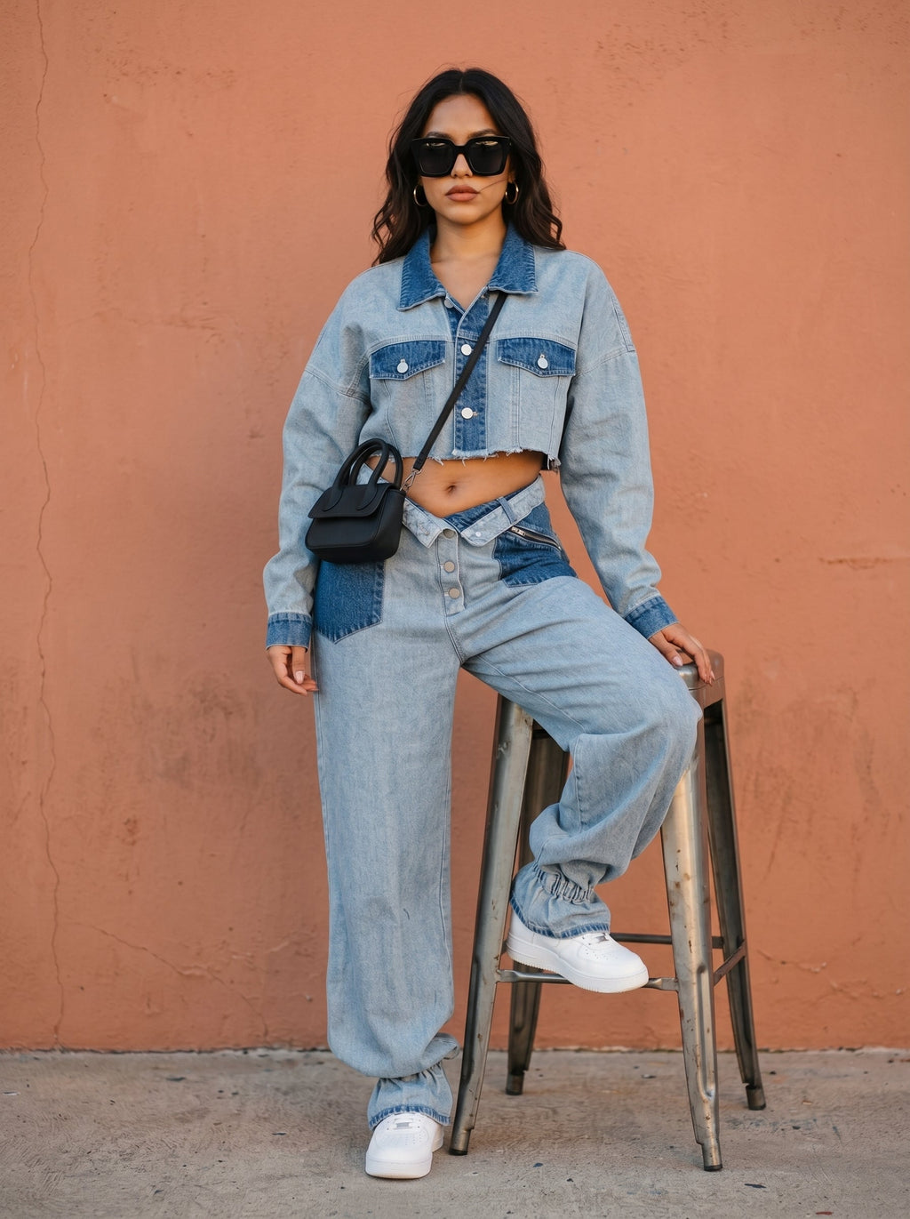 Cropped Contrast Denim Set
