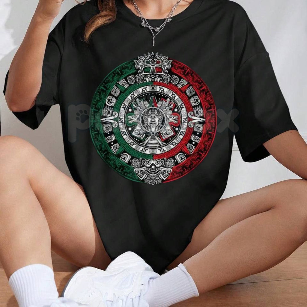 Aztec Calendar Sun Stone Mexico Flag T-Shirt – Mexican Heritage Graphic Tee