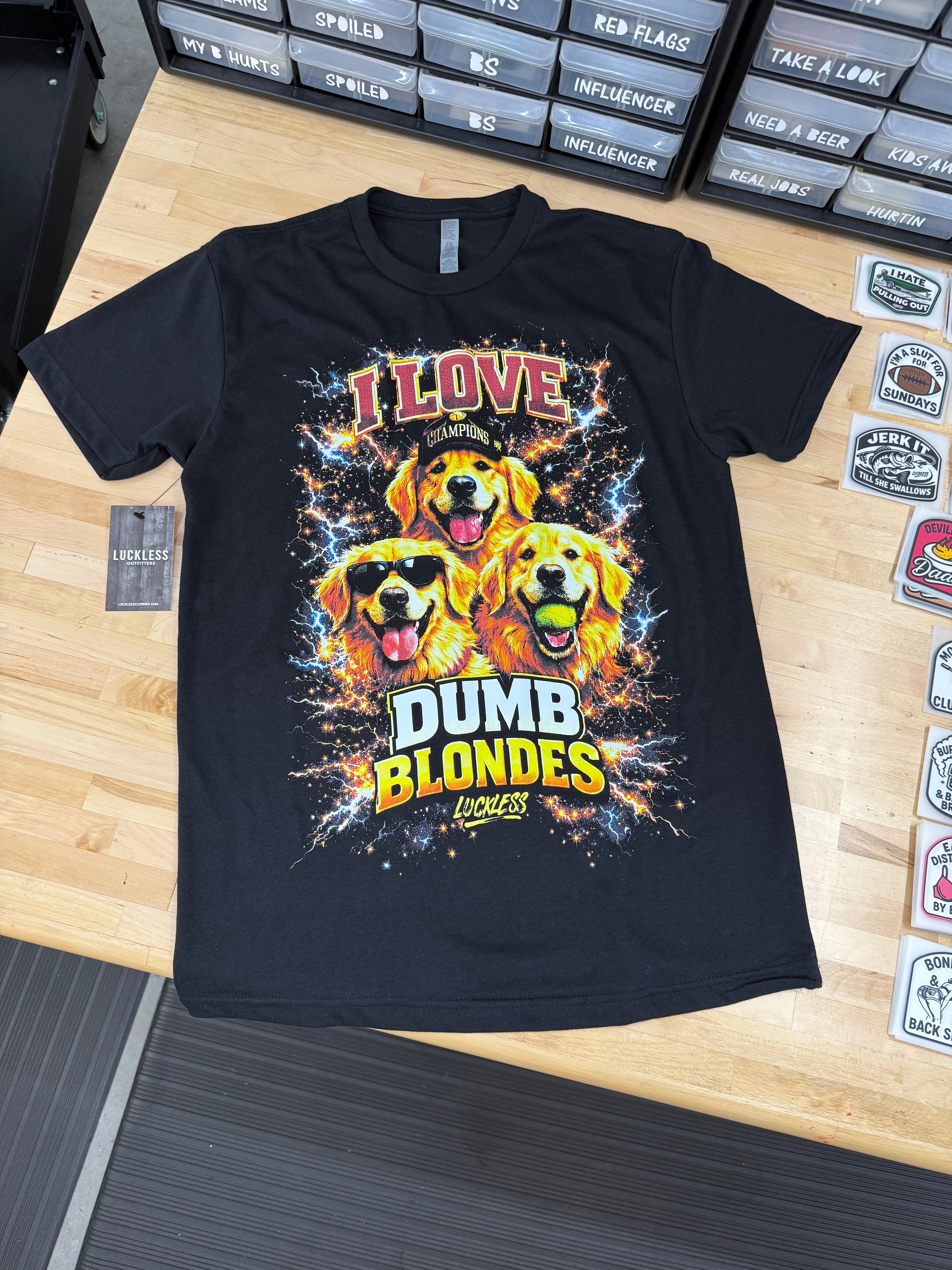 Luckless Outfitters I Love Dumb Blondes Tee — detail close-up