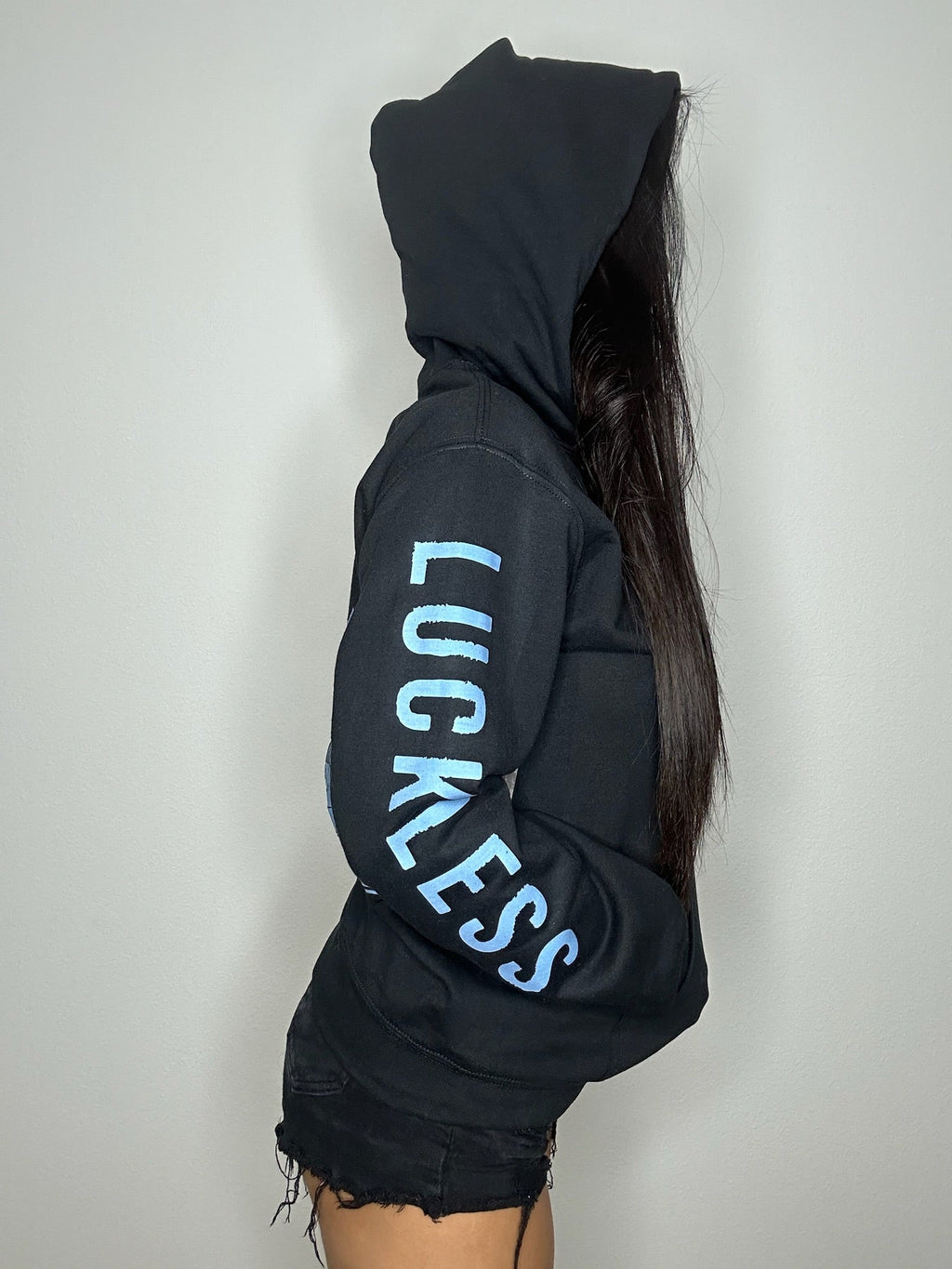 Luckless Outfitters Out Here Being Wild Hoodie in Dew Blue — back view