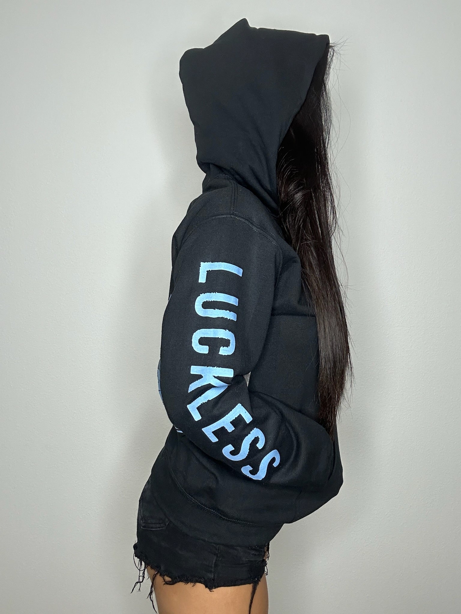 Luckless Outfitters Out Here Being Wild Hoodie in Dew Blue — back view