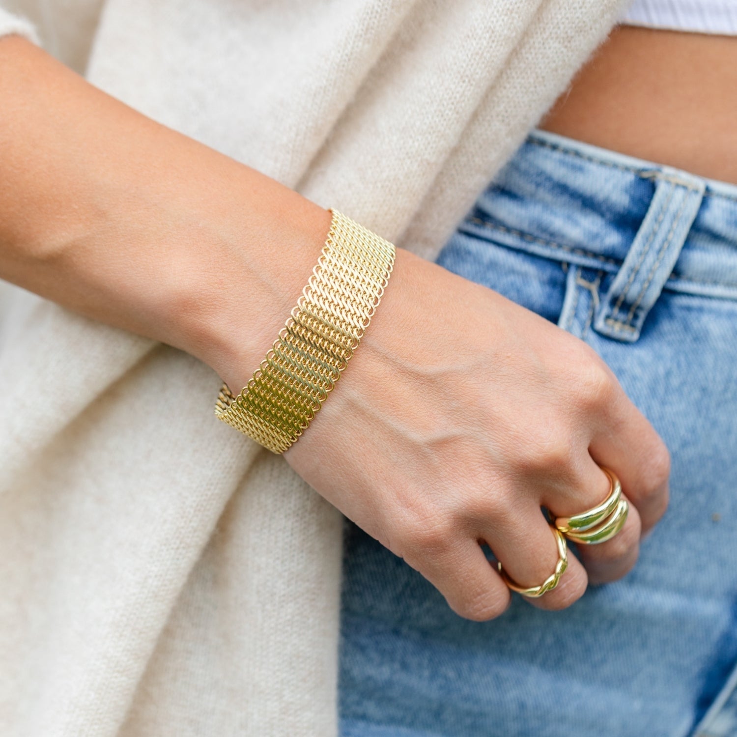 KADOU BOUTIQUE Interwoven Mesh Cuff Bracelet — lifestyle context