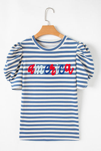 Pretty Little Patriot Pretty Little Patriot American Puff Sleeve Top — Pretty Little Patriot branding close-up