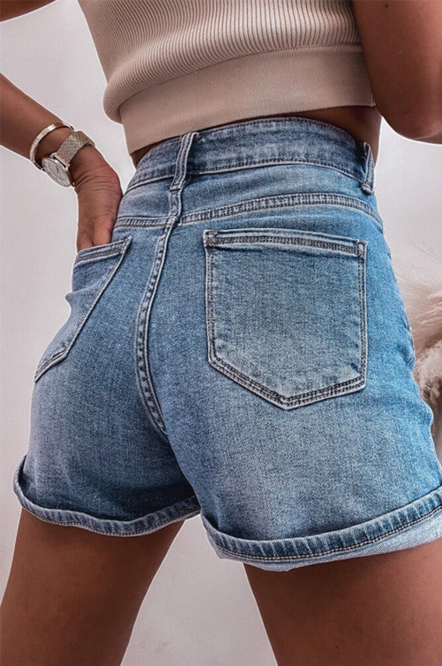 Pretty Little Patriot Pretty Little Patriot Rhinestone Denim Shorts — Pretty Little Patriot branding close-up