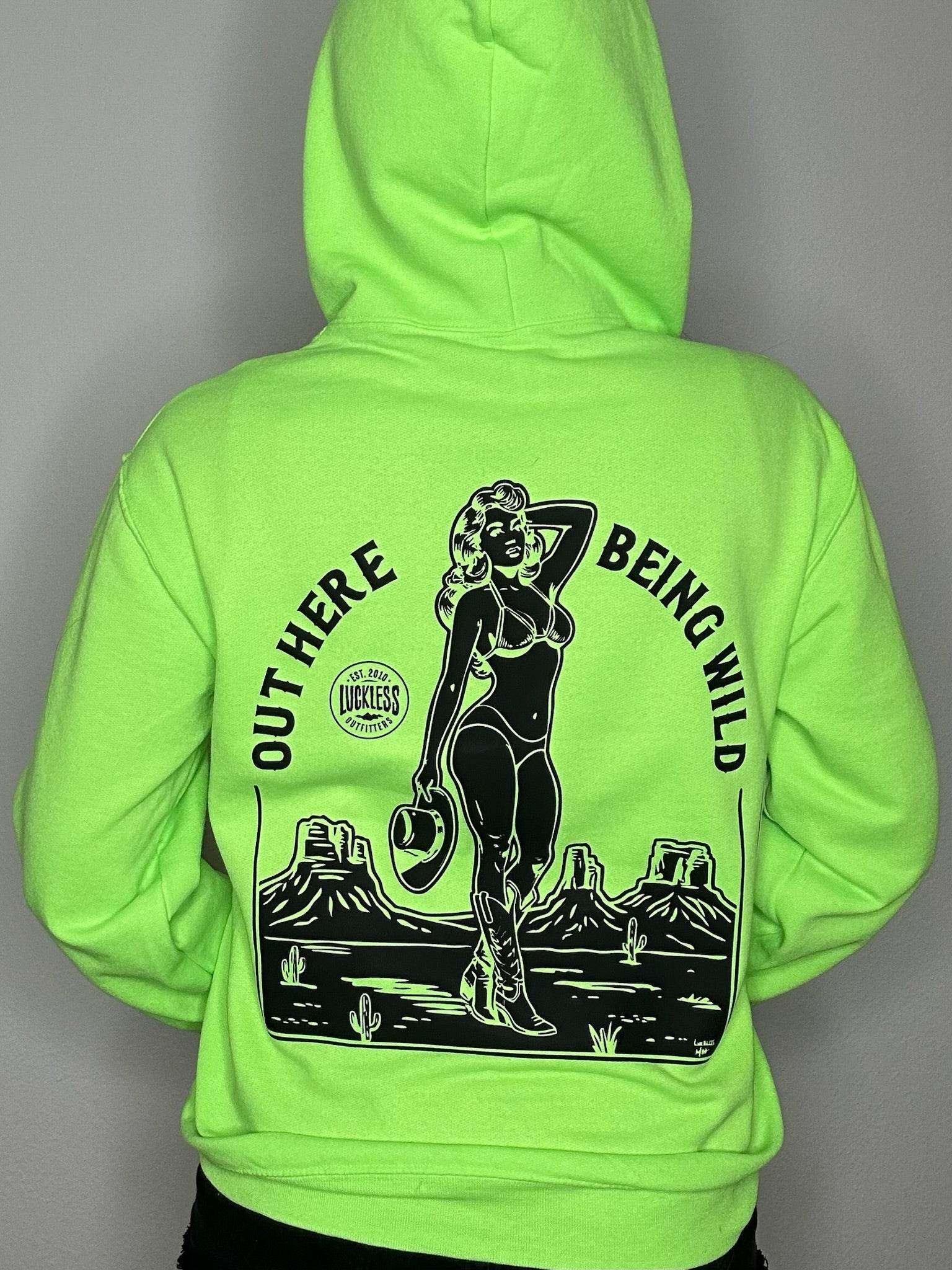 Luckless Outfitters Out Here Being Wild Neon Green Hoodie — back view