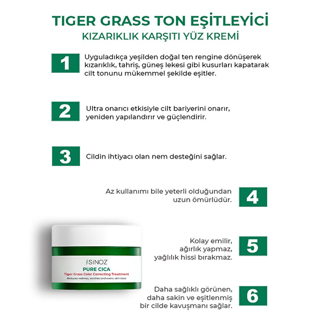 Sinoz Pure Cica Tiger Grass Facial Cream - Redness Relief, Tone Correction, Sensitive Skin Soothing, and Barrier Repair - Centella Asiatica