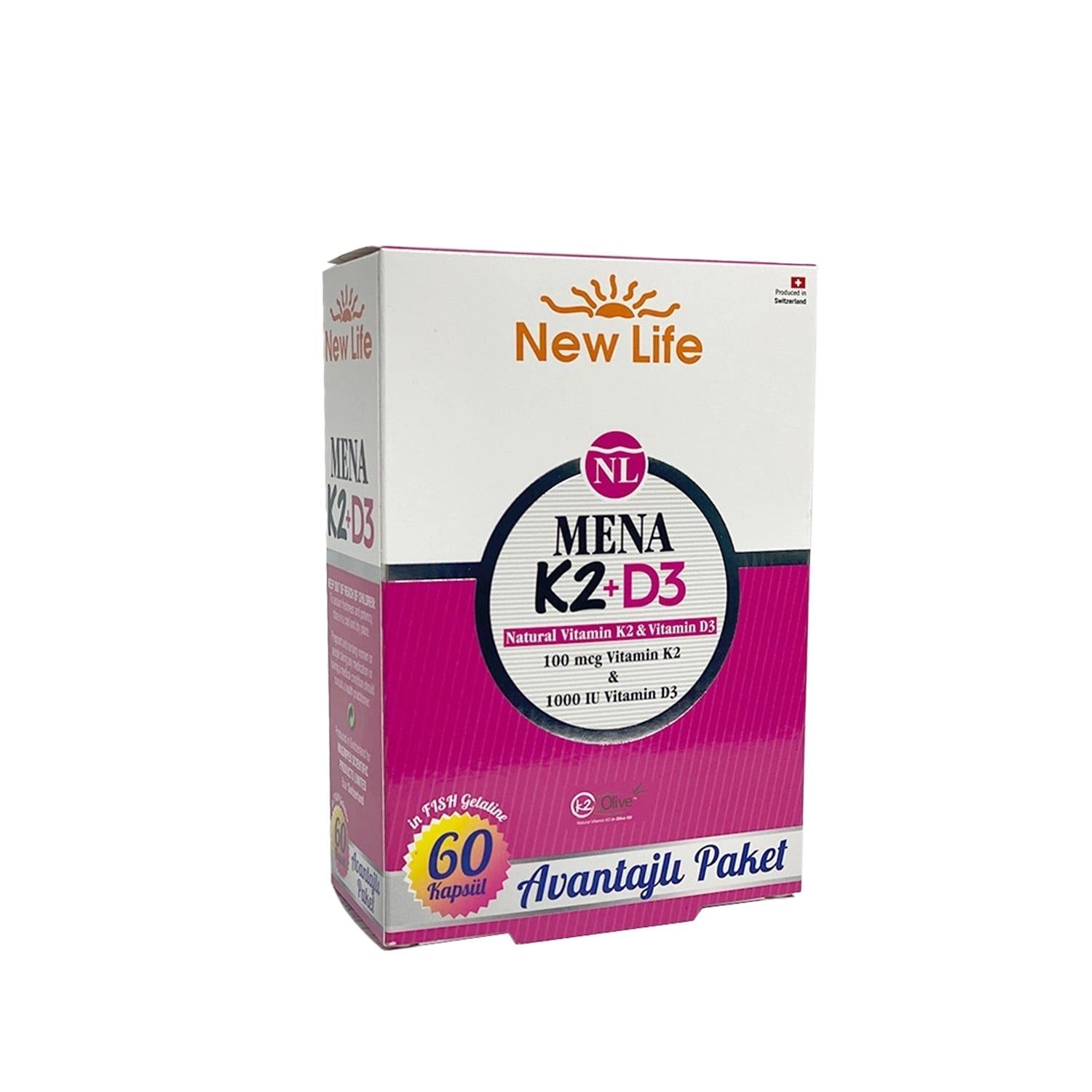 New Life Mena K2+D3: Bone & Immune Support - Powerhouse Vitamin Supplement with Menaquinone K2 & Cholecalciferol D3 for Enhanced Calcium Absorption - 60 Capsules