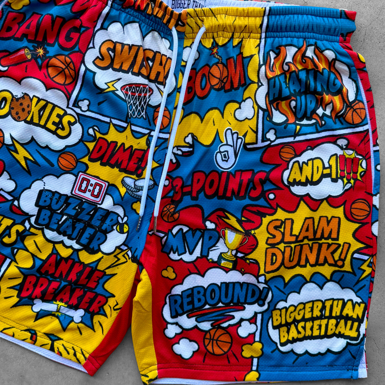 Bigger Than Basketball Comic Book - Shorts — Bigger Than Basketball branding close-up