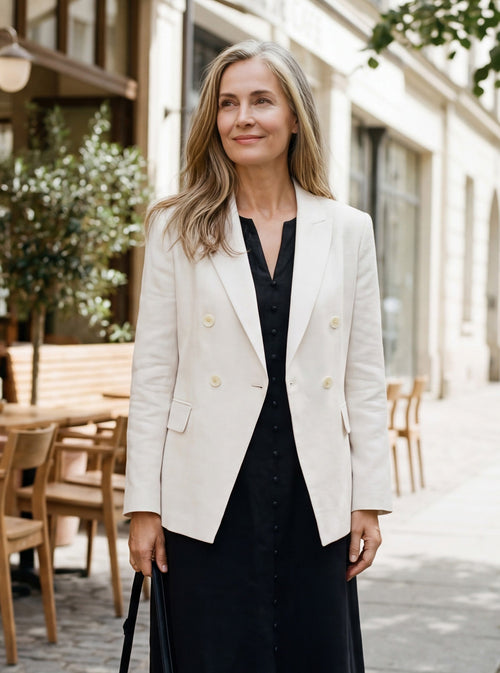 LINTICO Linen Peak Lapel Crossover Blazer IRIS — construction detail