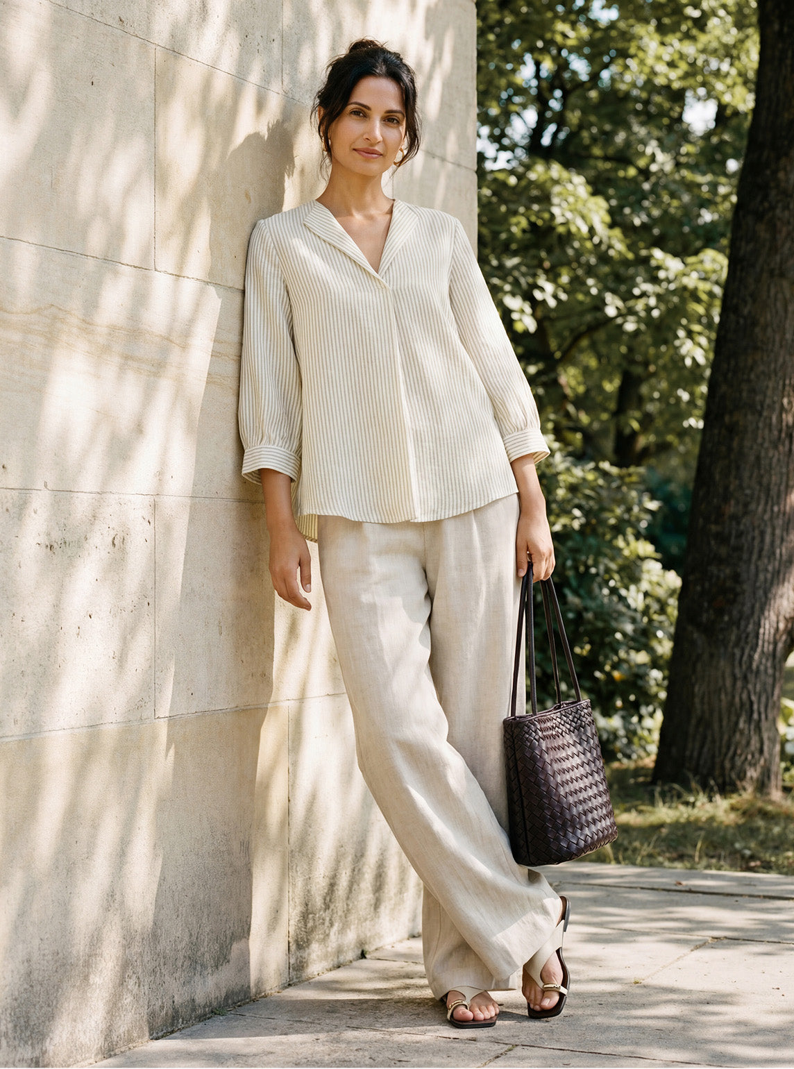 LINTICO Linen-Lyocell Striped Lapel Inverted Pleat Pullover Top MARGOT — construction detail