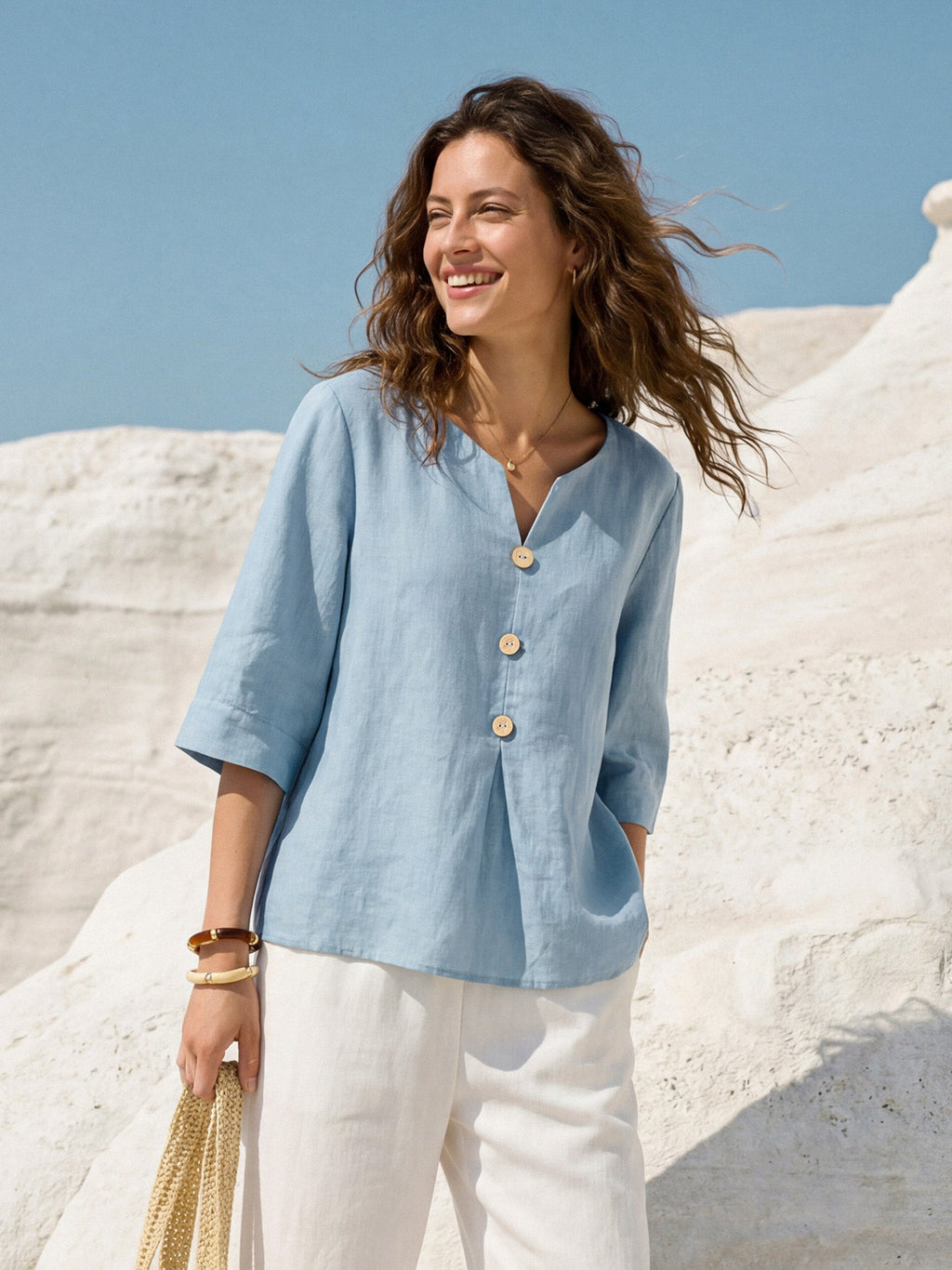LINTICO 100% Linen Split Neck Inverted Pleat Top TABITHA — detail close-up