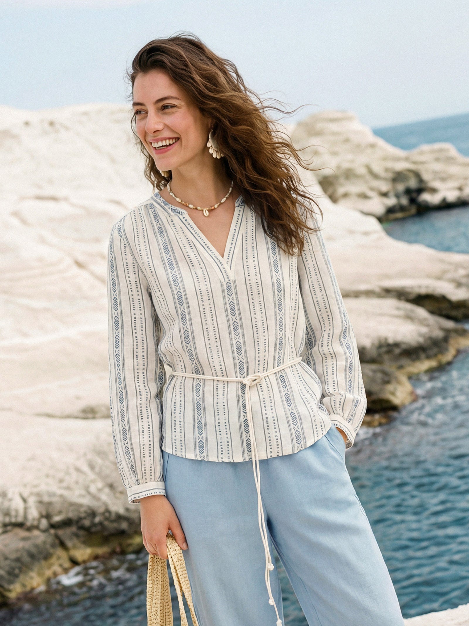 LINTICO Linen Tribal Stripe Split Neck Bohemian Blouse KERENZA — construction detail