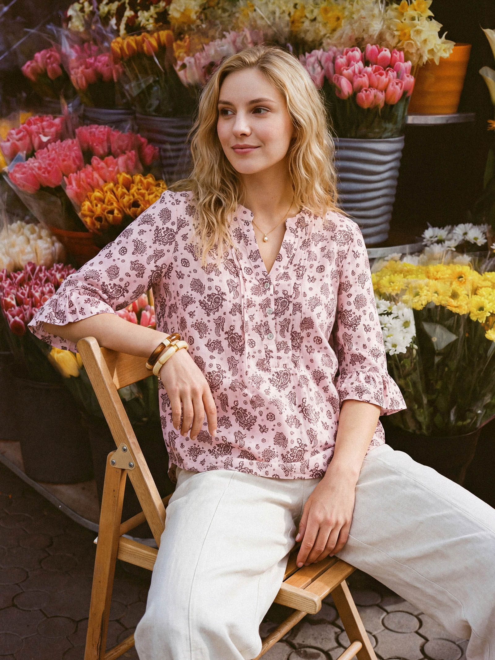 LINTICO Linen Paisley Pintucked Ruffle-Cuff Curved Hem Blouse ILARIA — lifestyle context