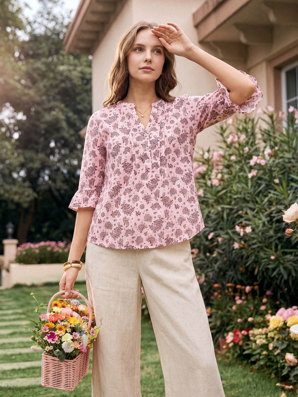 LINTICO Linen Paisley Pintucked Ruffle-Cuff Curved Hem Blouse ILARIA — detail close-up