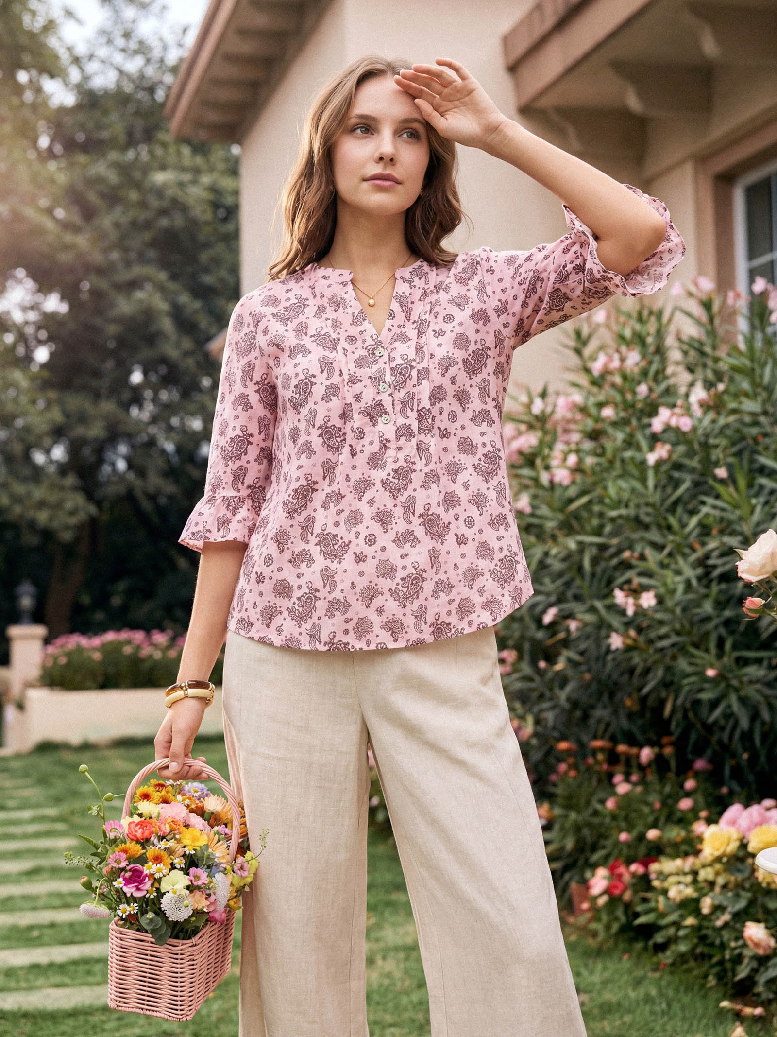 LINTICO Linen Paisley Pintucked Ruffle-Cuff Curved Hem Blouse ILARIA — detail close-up